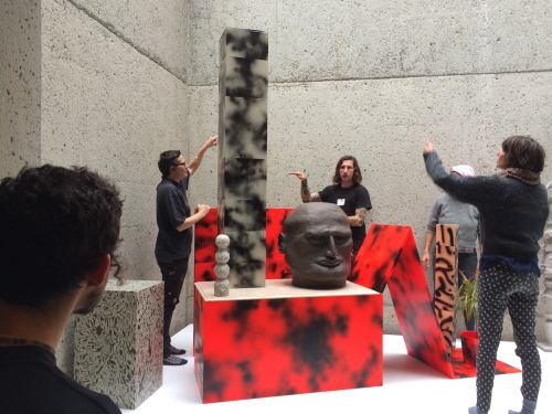 (From left to right) Willy Reed, Alicia McCarthy, Francesco Deiana, Sahar Khoury, and Ruby Neri collaborate on an installation at OMCA.